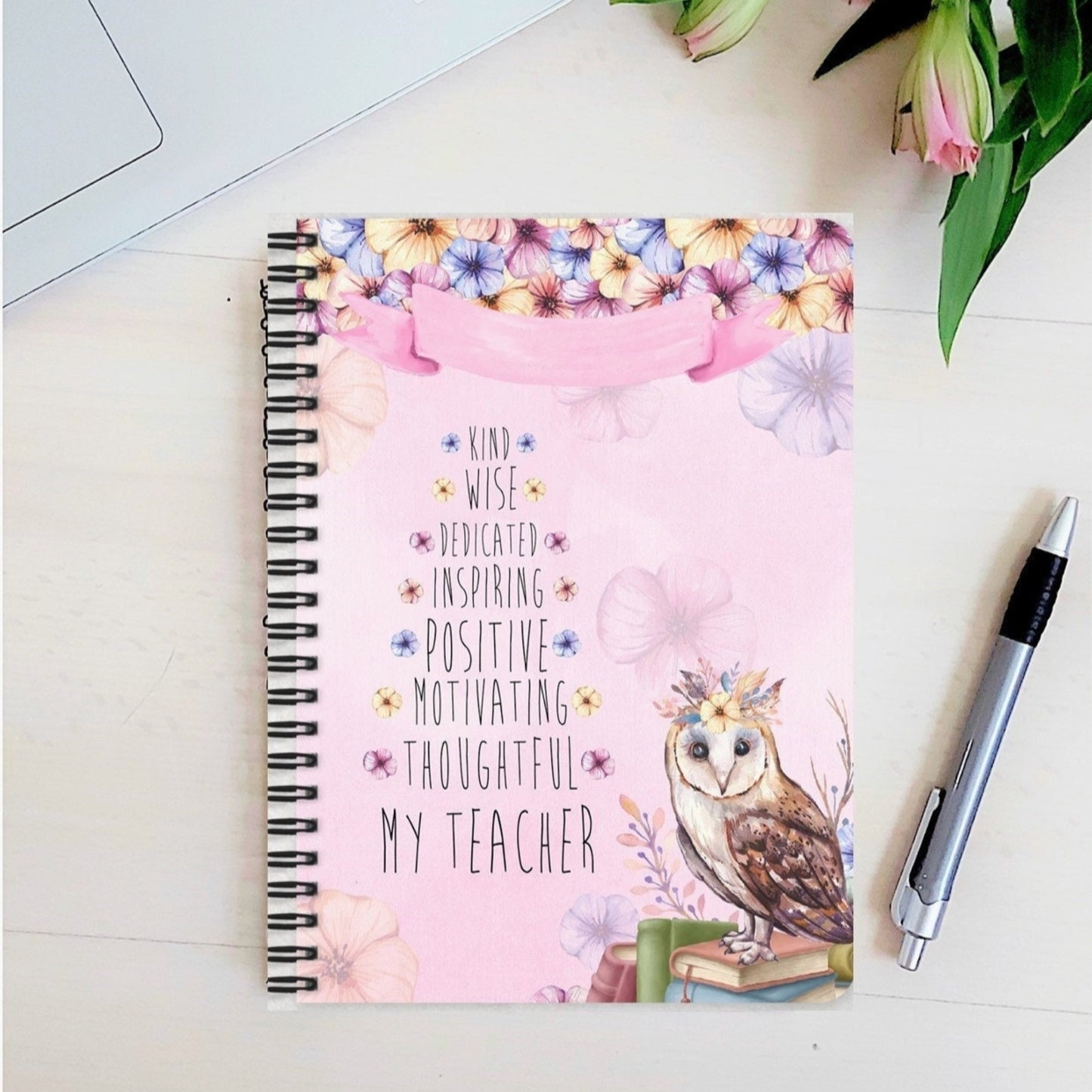 Personalised teacher note book, end of term gift, wise owl, personalised teacher present