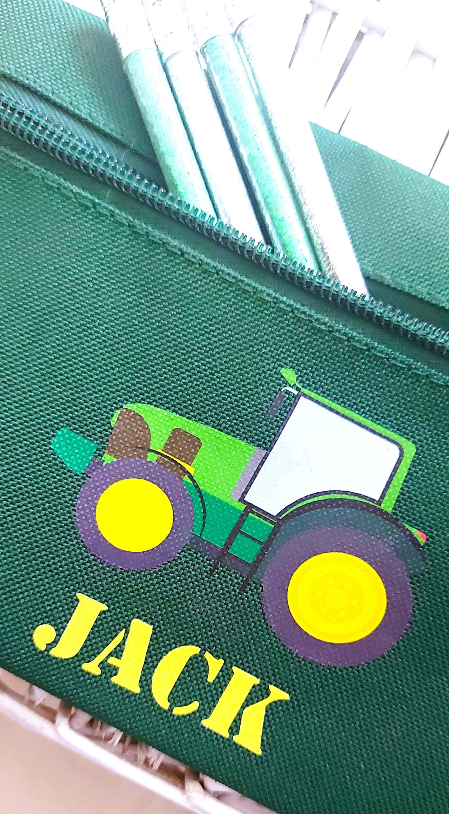 Personalised green tractor pencil case