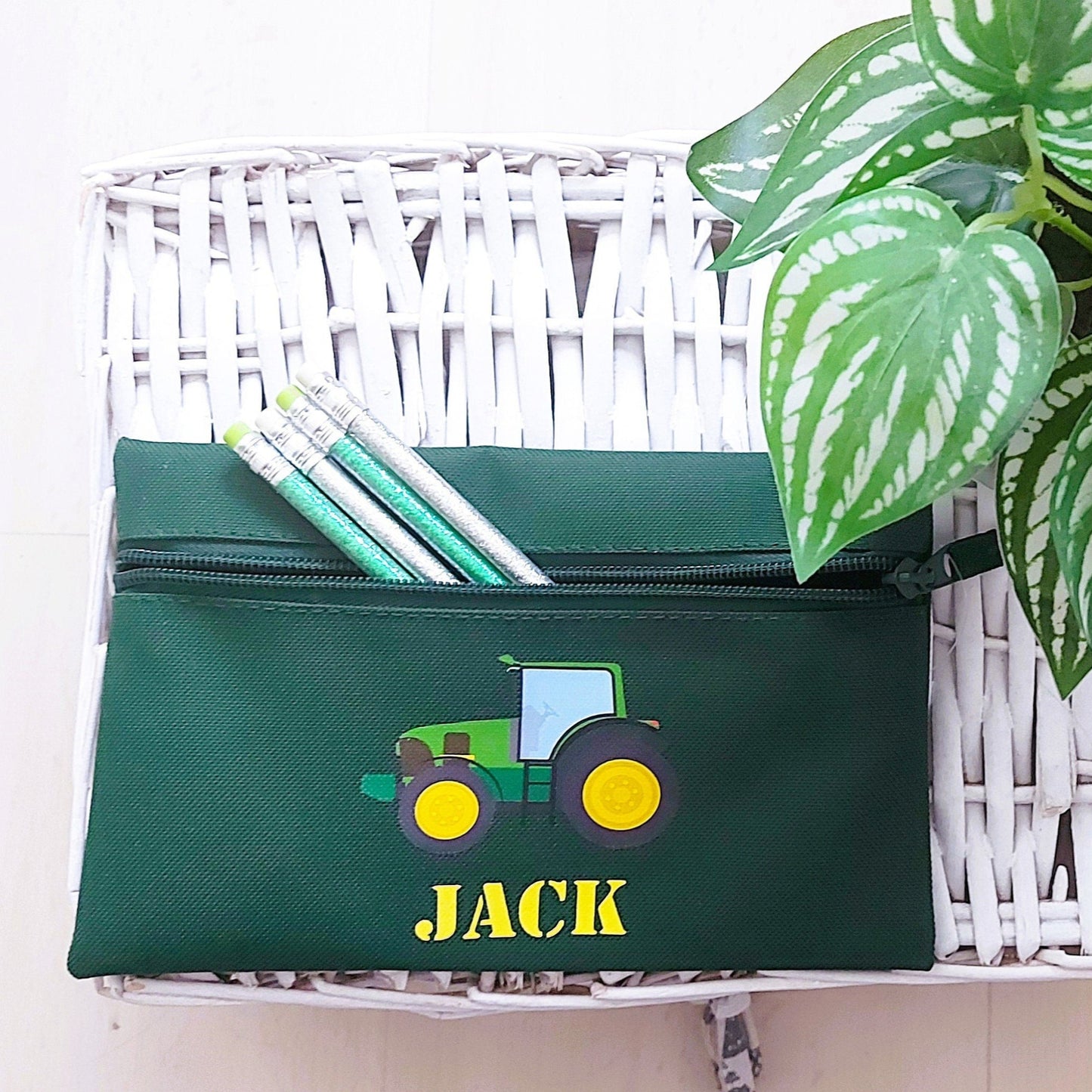 Personalised green tractor pencil case