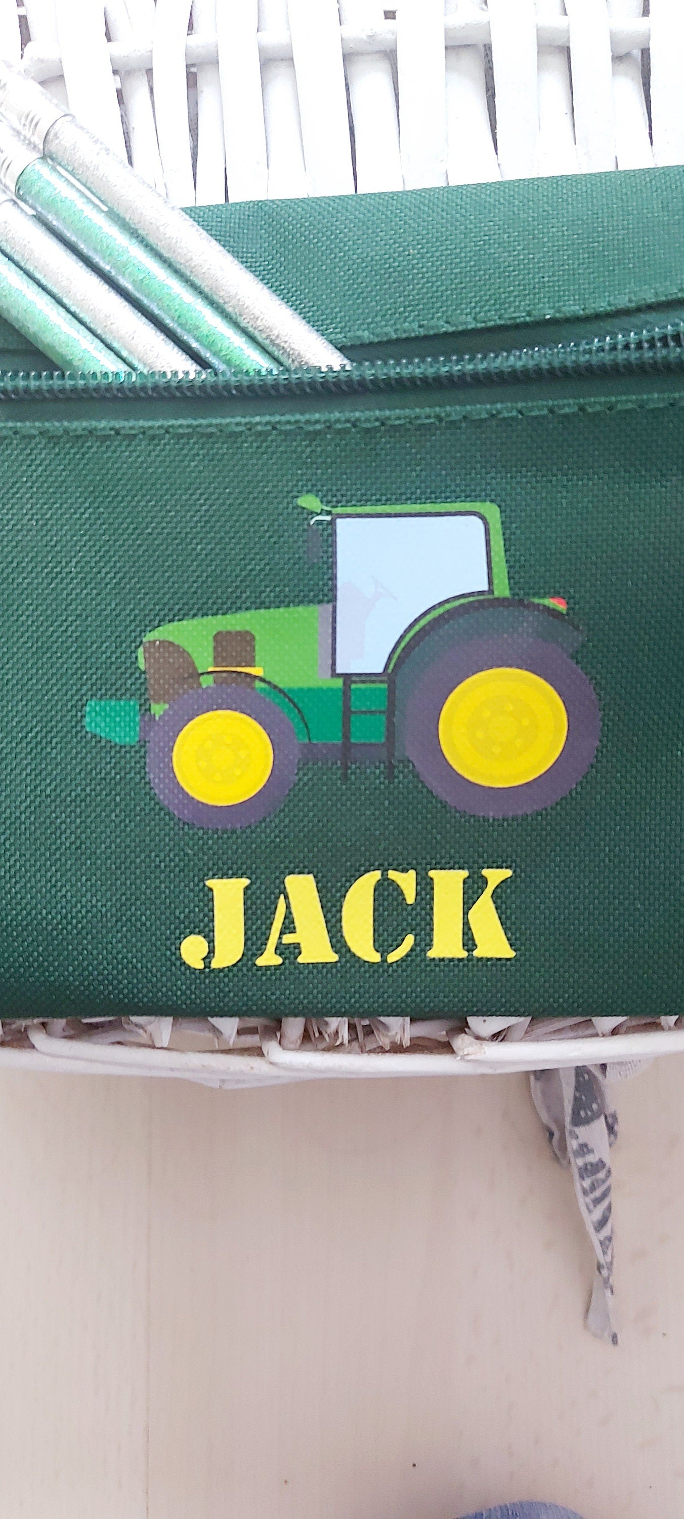 Personalised green tractor pencil case