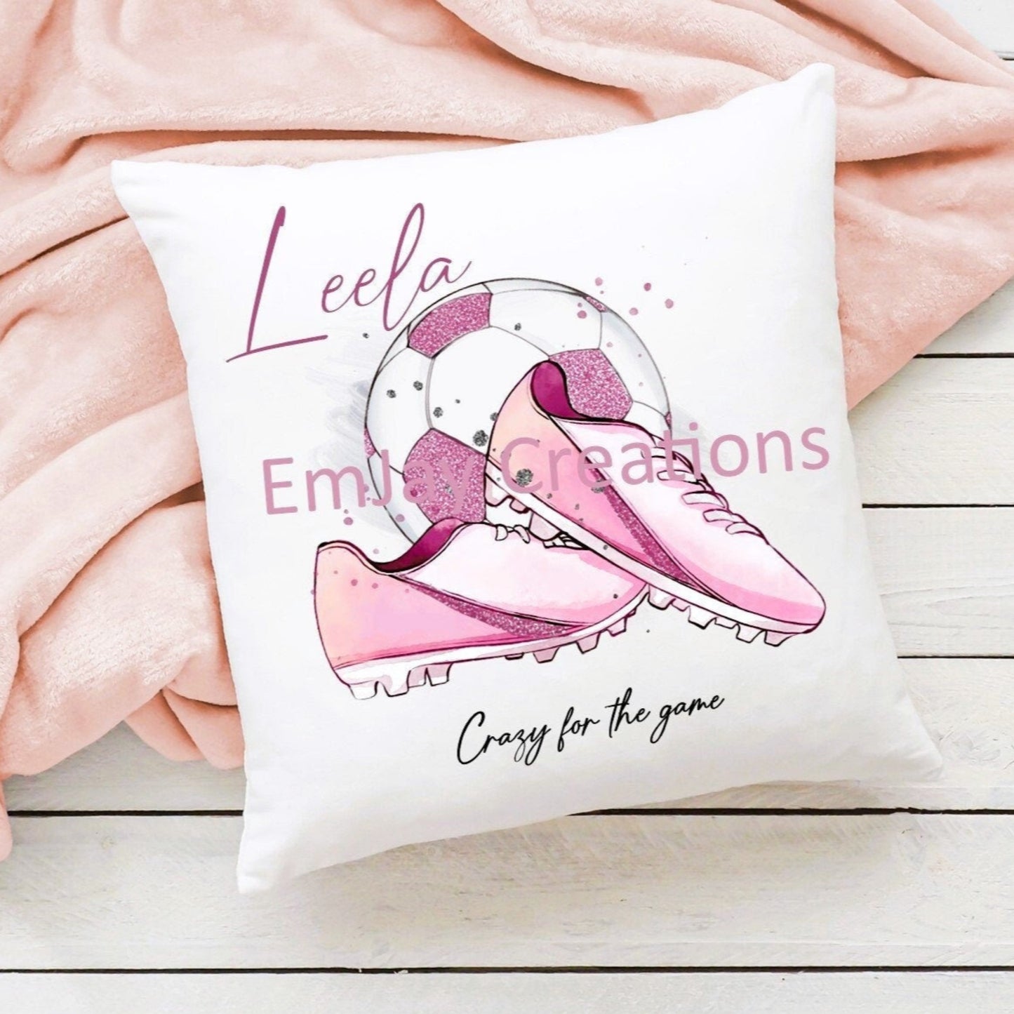 Personalised pink girls football cushion