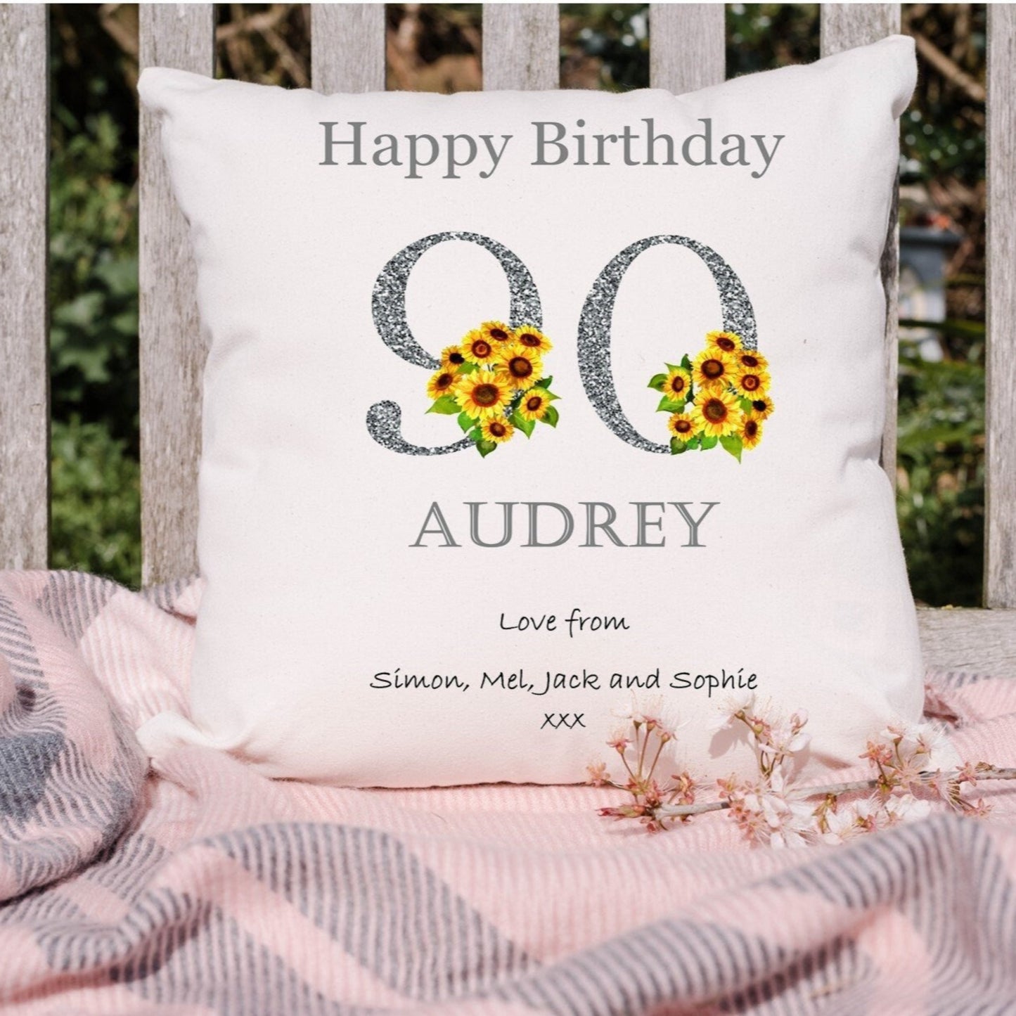 Personalised 90th Birthday cushion, 90th Birthday gift, sunflower cushion, gift for Nan