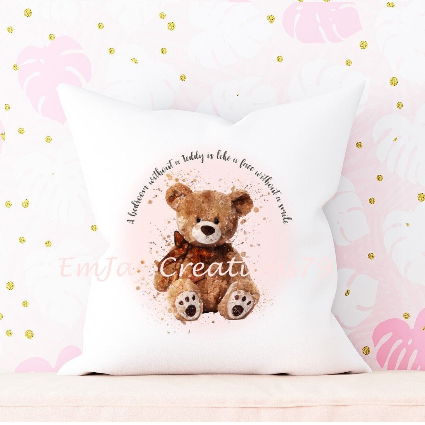 Personalised pink teddy bear cushion