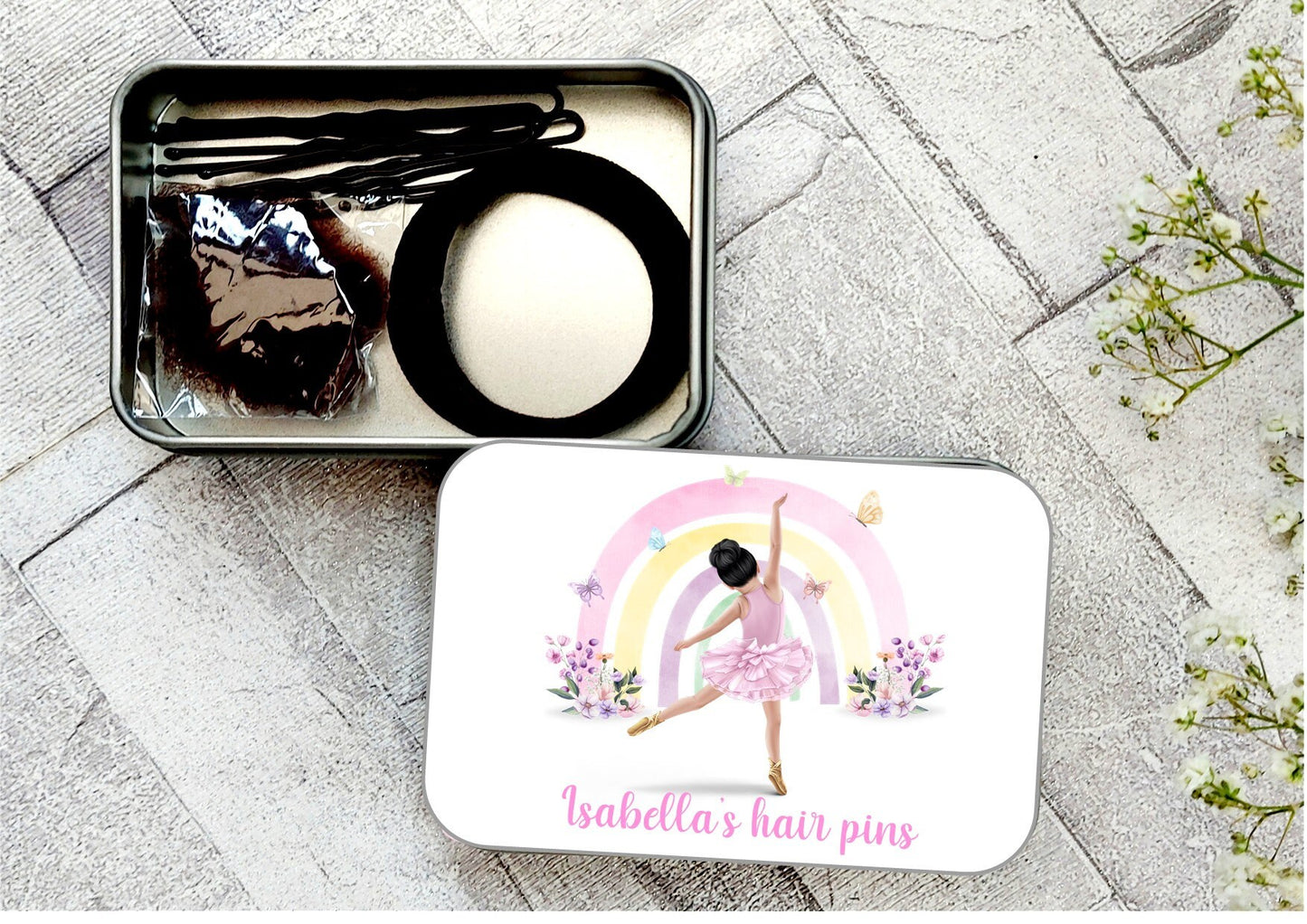 Personalised rainbow ballerina hair pin storage tin