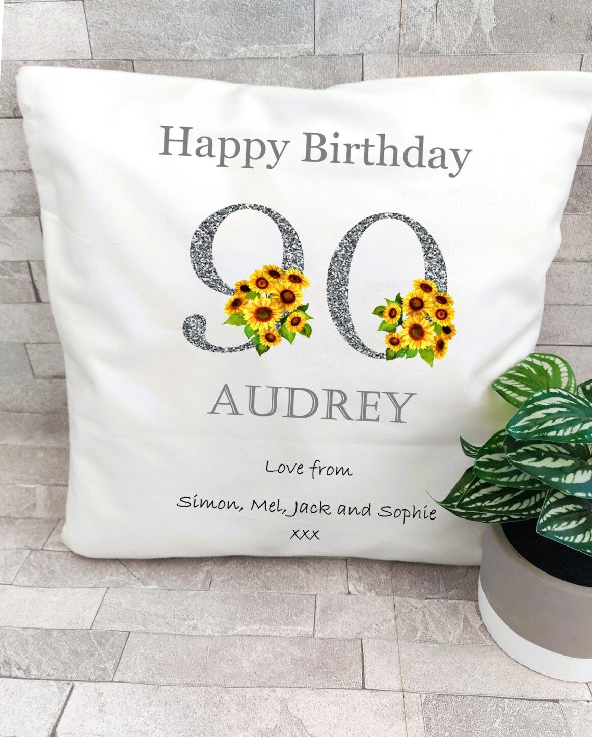 Personalised 90th Birthday cushion, 90th Birthday gift, sunflower cushion, gift for Nan