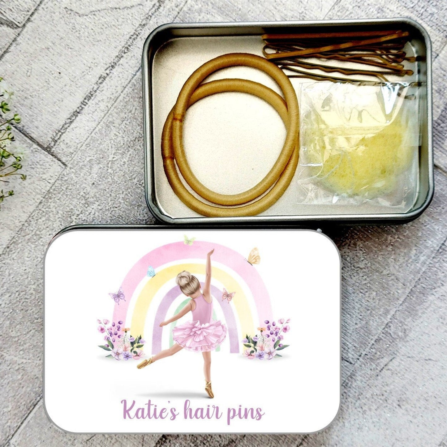 Personalised rainbow ballerina hair pin storage tin