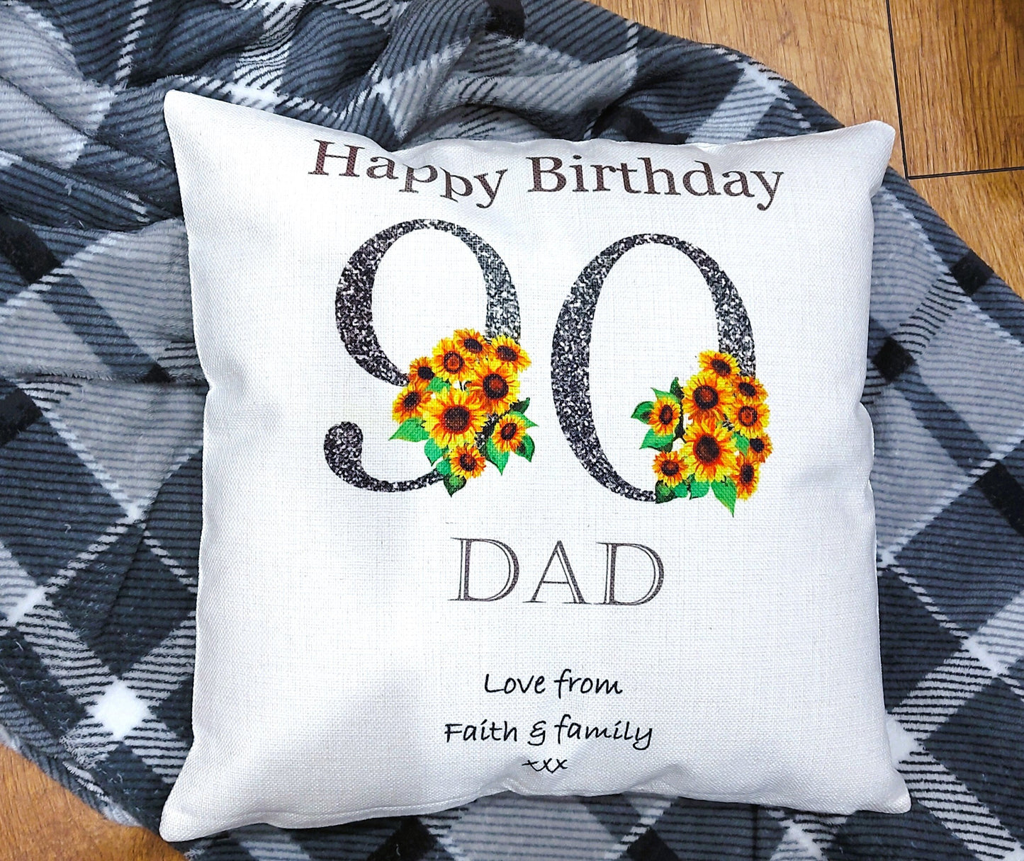 Personalised 90th Birthday cushion, 90th Birthday gift, sunflower cushion, gift for Nan