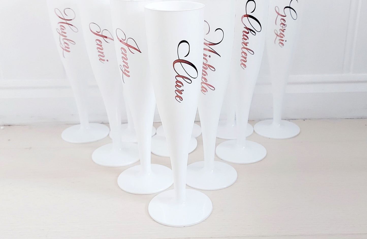 Personalised party/hen party rose gold reusable champagne flutes