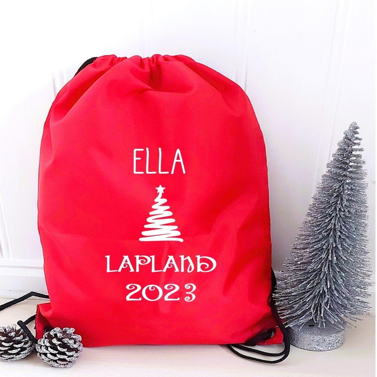 Personalised red Lapland 2025 drawstring bag