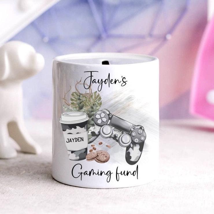 Personalised gaming fund money box, gamer gift, gamer moneybox