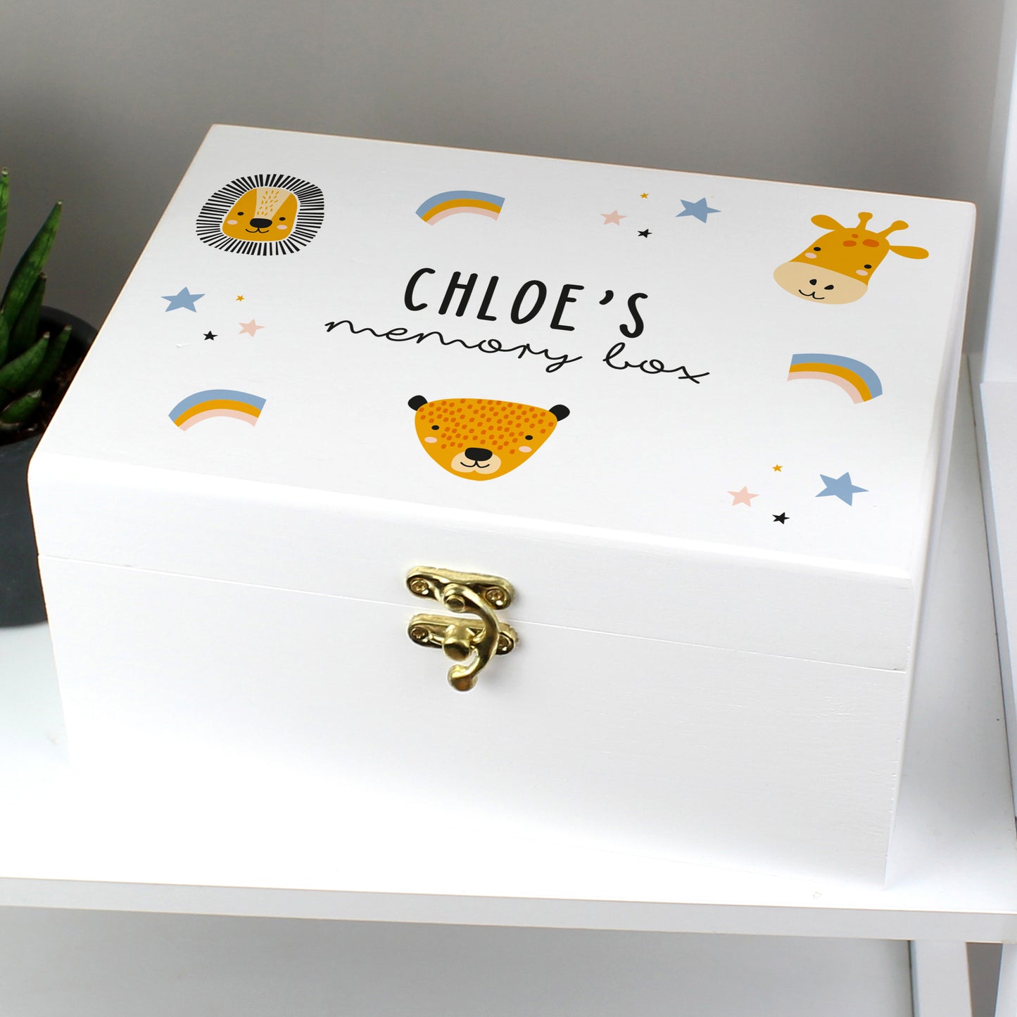 Personalised Safari Animal White Wooden Keepsake Box