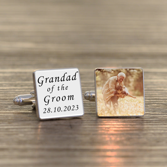 Grandad of the Groom Photo Upload Cufflinks - Silver Finish