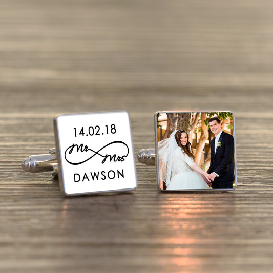 Mr & Mrs Infinity Photo Upload Cufflinks - Silver Finish