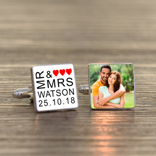 Mr & Mrs Photo Upload Cufflinks - Silver Finish