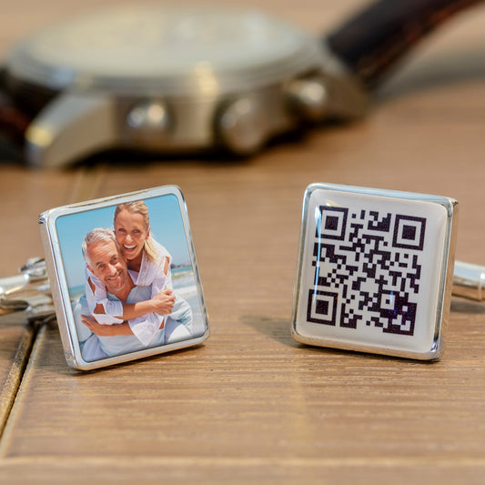 Secret Message QR & Photo Upload Cufflinks - Silver Finish