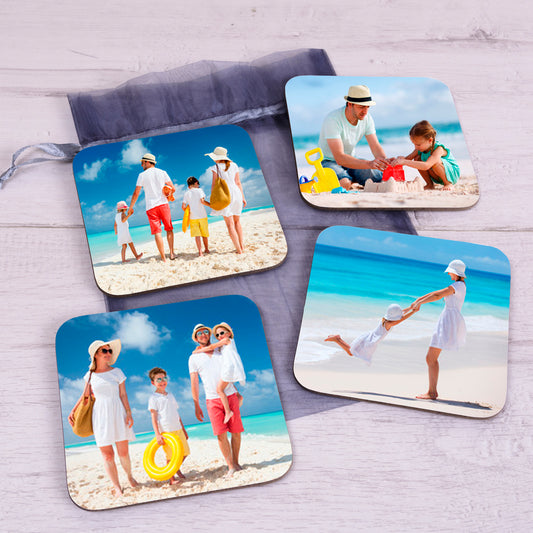 Personalised Photo Coasters – Set of 4 Custom Image Coasters in Organza Gift Bag