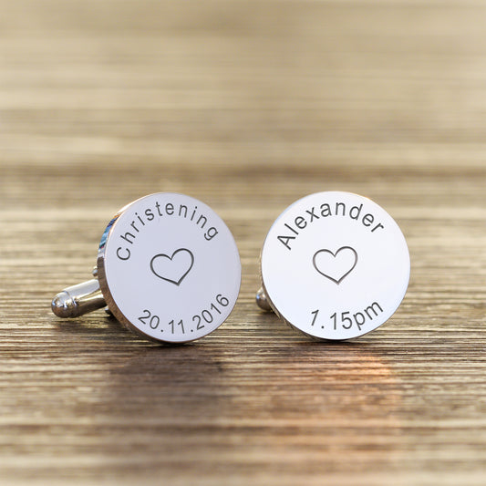 Personalised Silver Christening Cufflinks – Engraved with Name, Date & Time