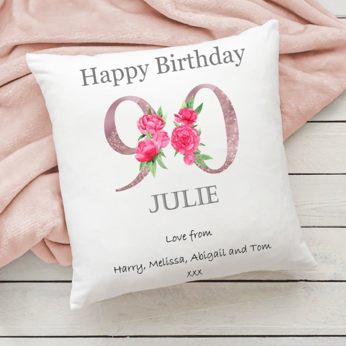 90th Birthday personalised cushion, 90th Birthday gift, peony cushion, pink peony birthday, gift for her