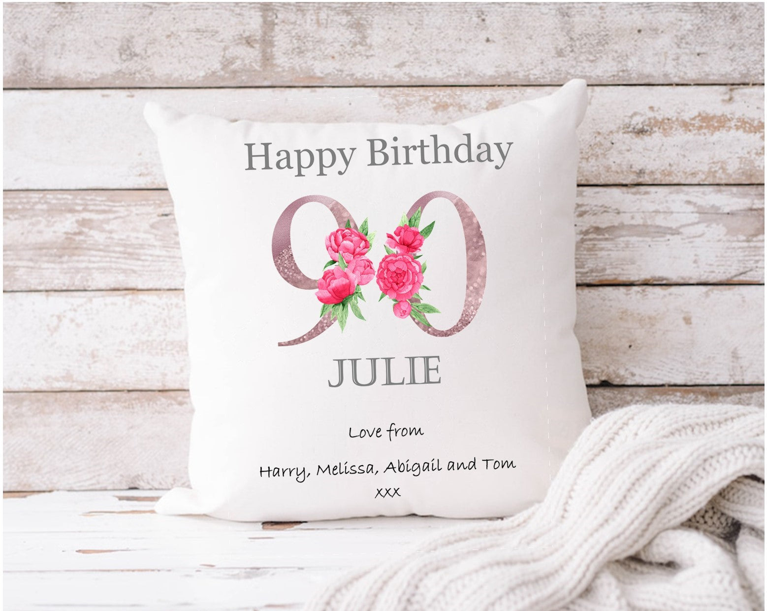 90th Birthday personalised cushion, 90th Birthday gift, peony cushion, pink peony birthday, gift for her