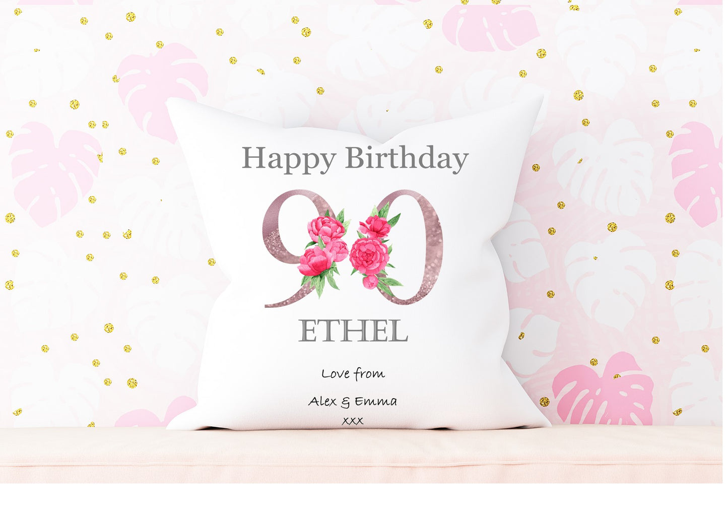 90th Birthday personalised cushion, 90th Birthday gift, peony cushion, pink peony birthday, gift for her