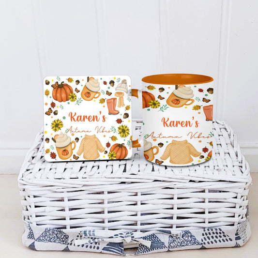 Personalised Autumn Vibes Mug & Coaster set