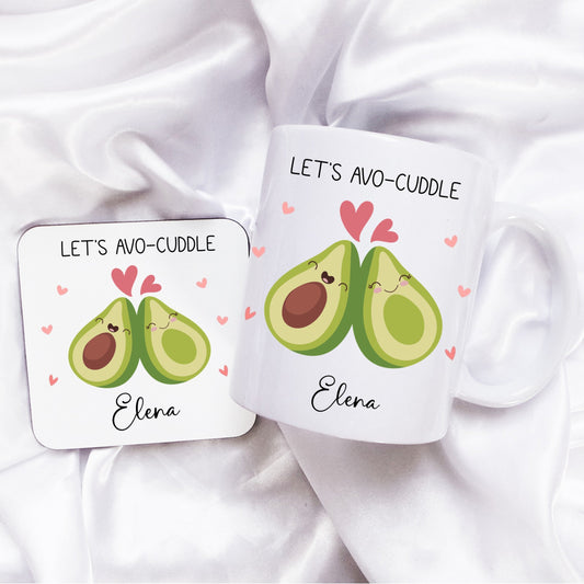 Let's Avo-Cuddle Personalised Valentines' mug, Personalised Valentines mug, personalised avocado Valentines' Day gift, Lets Avocuddle mug and coaster giftset