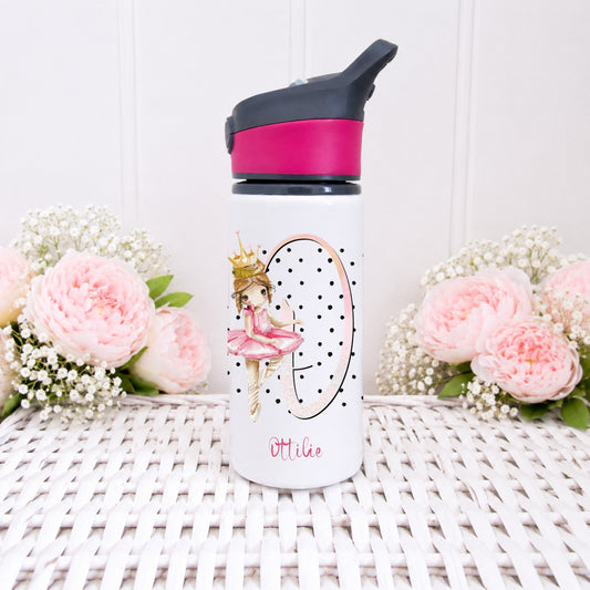 Personalized water bottle with floral design and pink cap on a white surface with flowers.