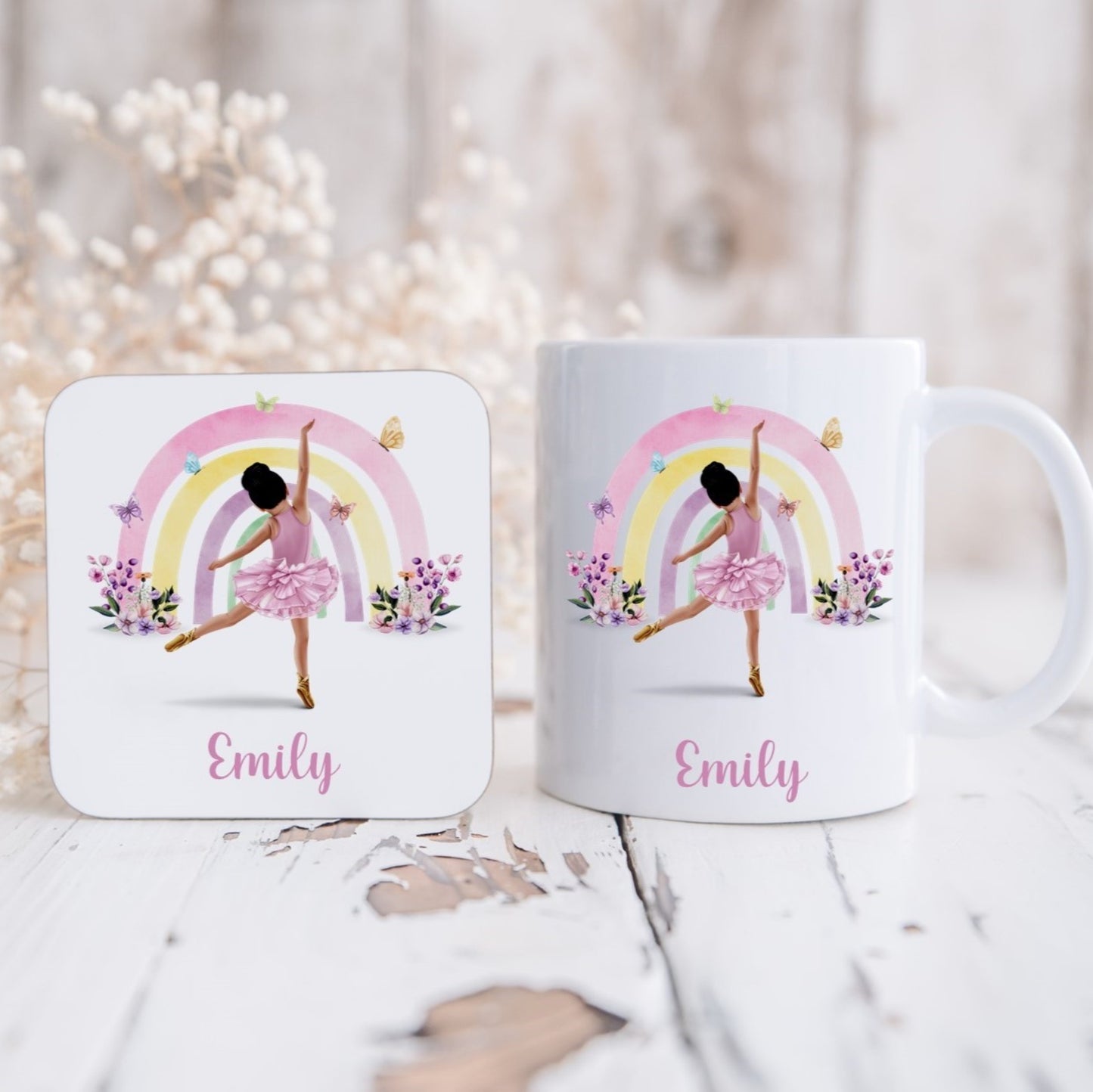 Ballerina mug and coaster, personalised ballerina gift set, Rainbow ballerina coaster, rainbow ballerina mug, ballet gift