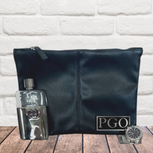 Black pouch with 'PGO' branding next to a bottle and two small containers on a wooden surface against a white brick wall.