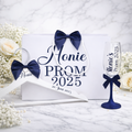 Prom-themed items with 'Prom 2025' text and navy bows on a white background.