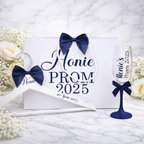 Prom-themed items with 'Prom 2025' text and navy bows on a white background.