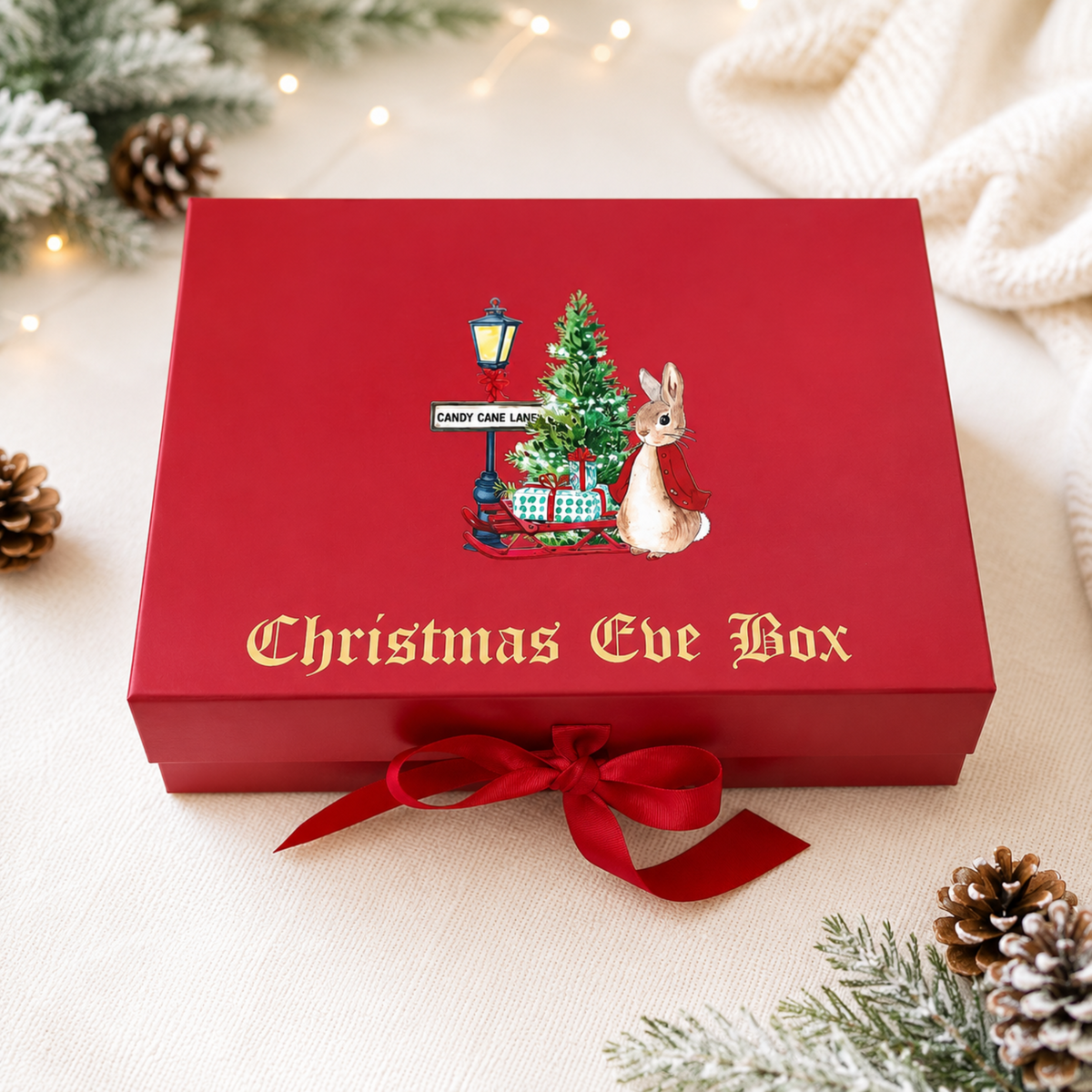 Red Christmas Eve box with festive design and bow, surrounded by Christmas decorations.