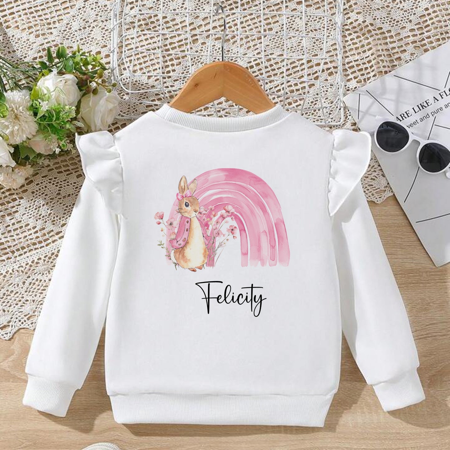 Girls personalised Flopsy Rabbit pink rainbow sweatshirt
