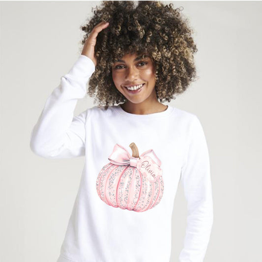 Personalised pink glitter pumpkin ladies sweatshirt