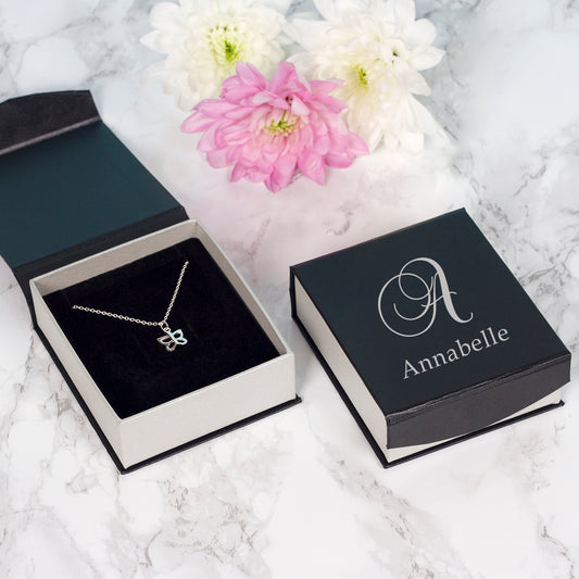 Sterling Silver Butterfly Pendant Necklace – Personalised Gift Box with Script Initial