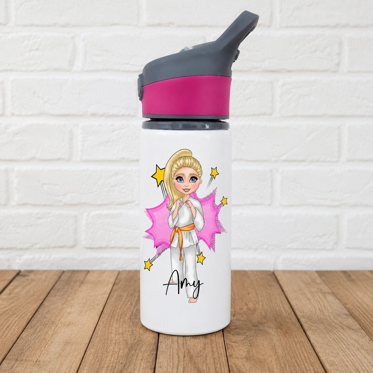 Personalised Karate Girl Water Bottle, sports bottle, drink bottle for karate, spillproof drinks bottle