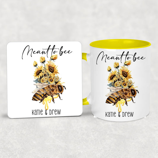 "Meant to Bee" Bee-Themed Couples Mug with Yellow Inner – A Sweet Gift for Lovebugs!