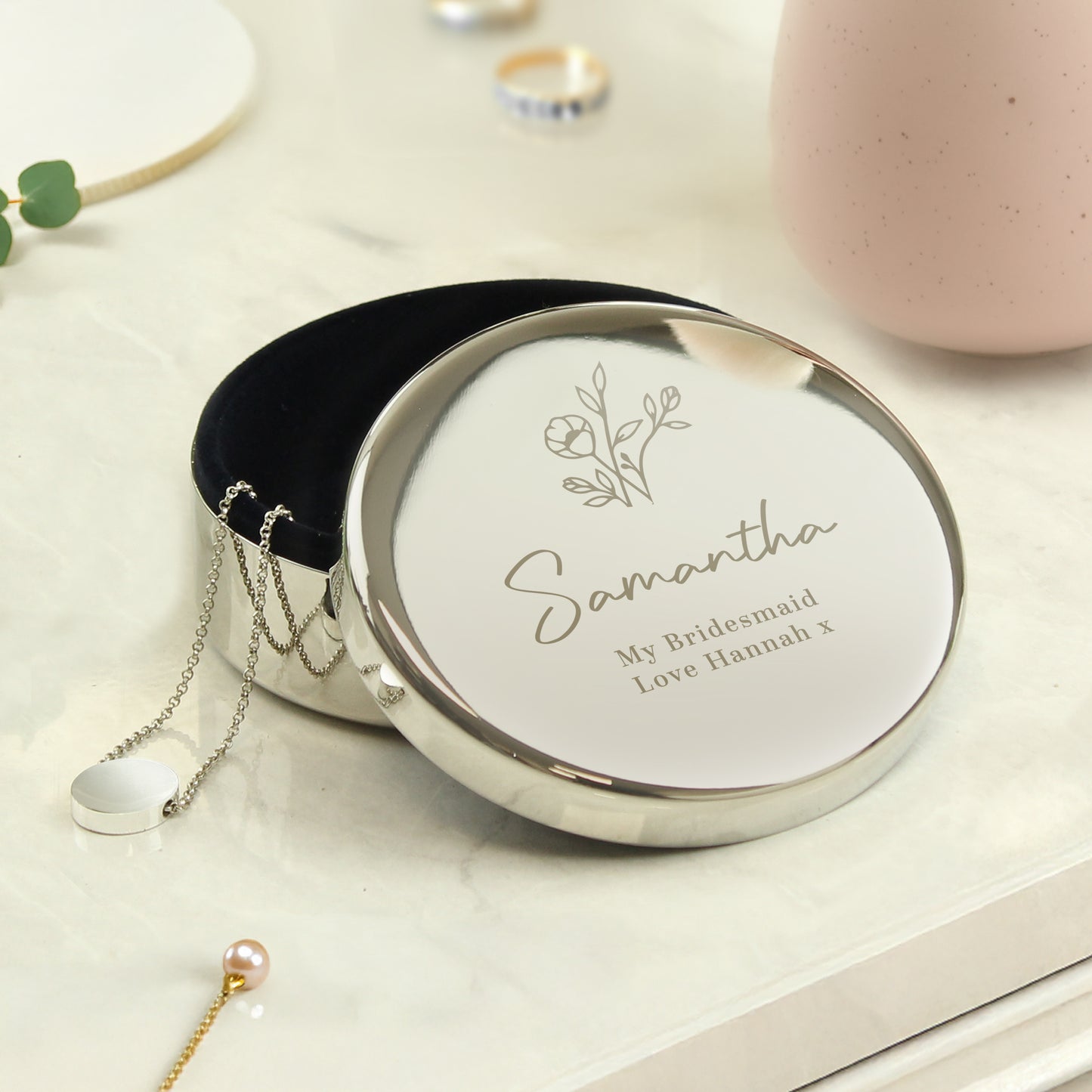 Personalised Floral Round Trinket Box