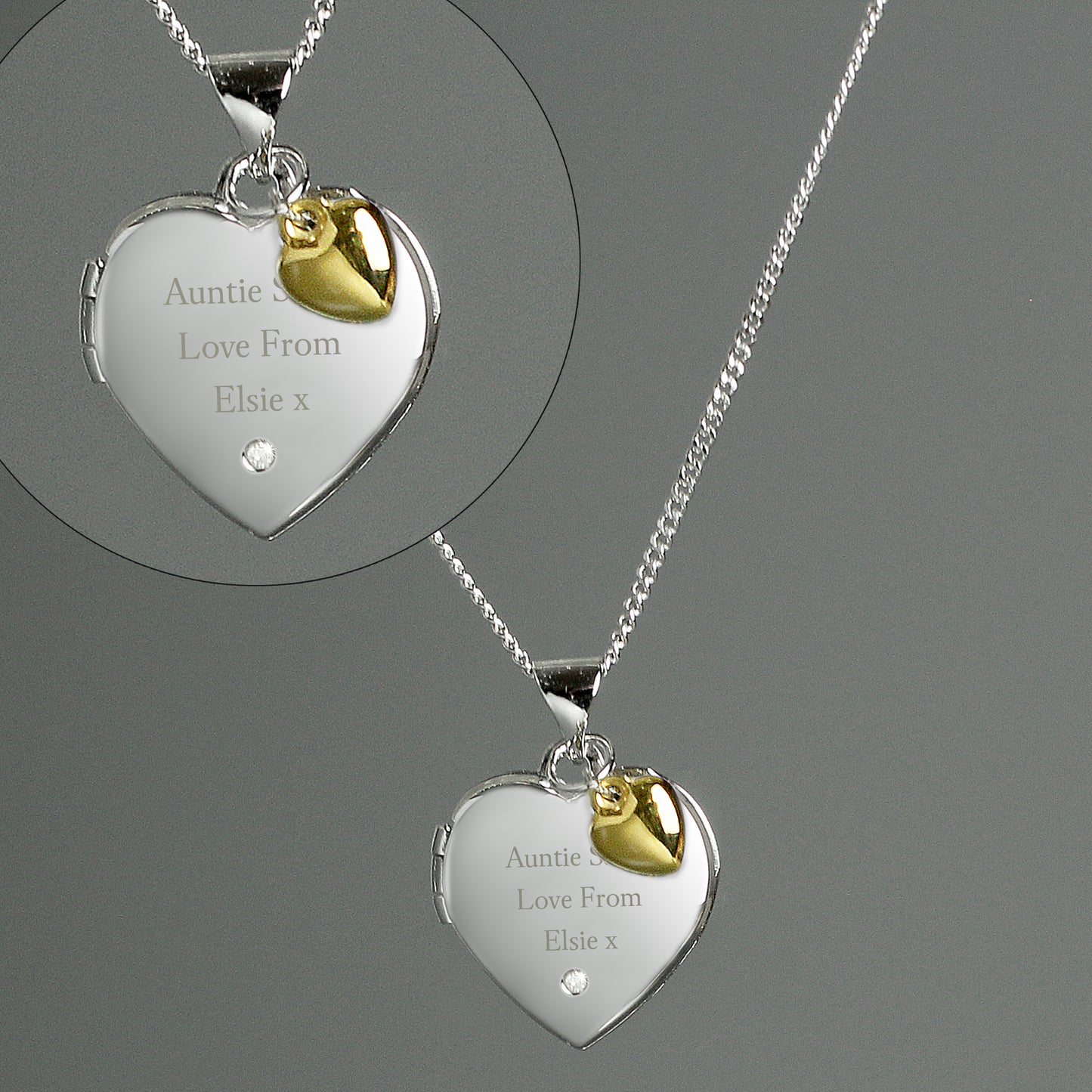 Personalised Sterling Silver Heart Locket Necklace with Diamond & 9ct Gold Charm