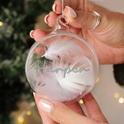 Personalised Silver Glitter Name Only Feather Glass Bauble