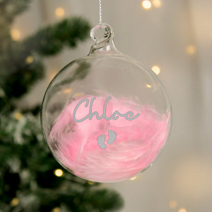 Personalised Pink Feather Silver Footprints Glass Bauble