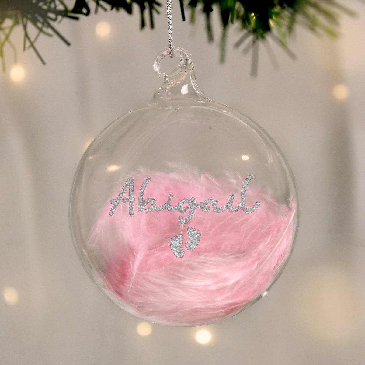 Personalised Pink Feather Silver Footprints Glass Bauble