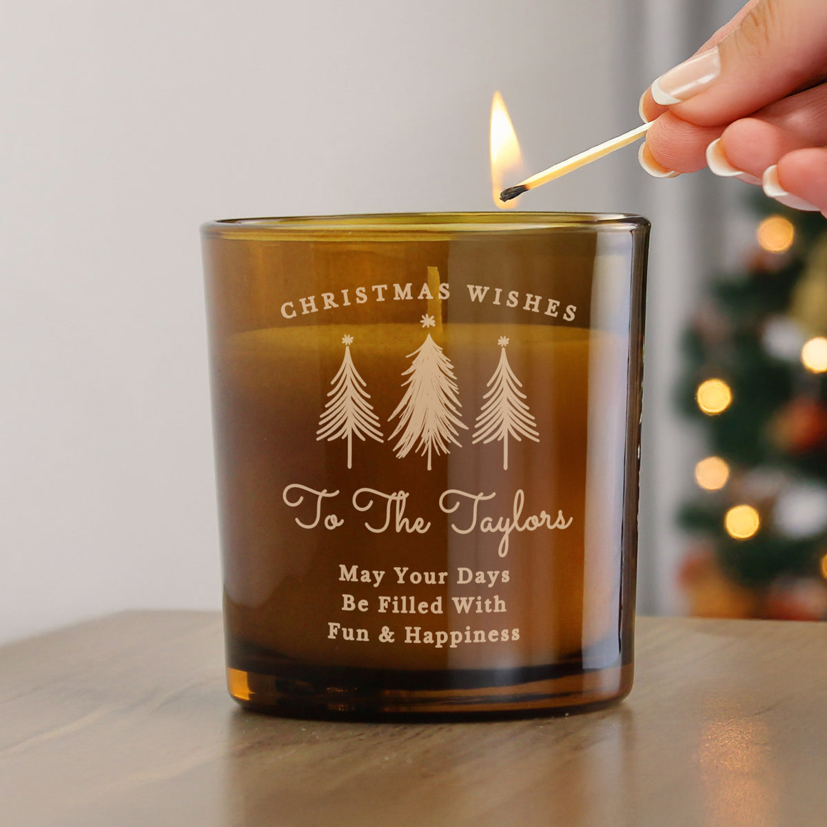 Personalised Christmas Tree Amber Glass Candle