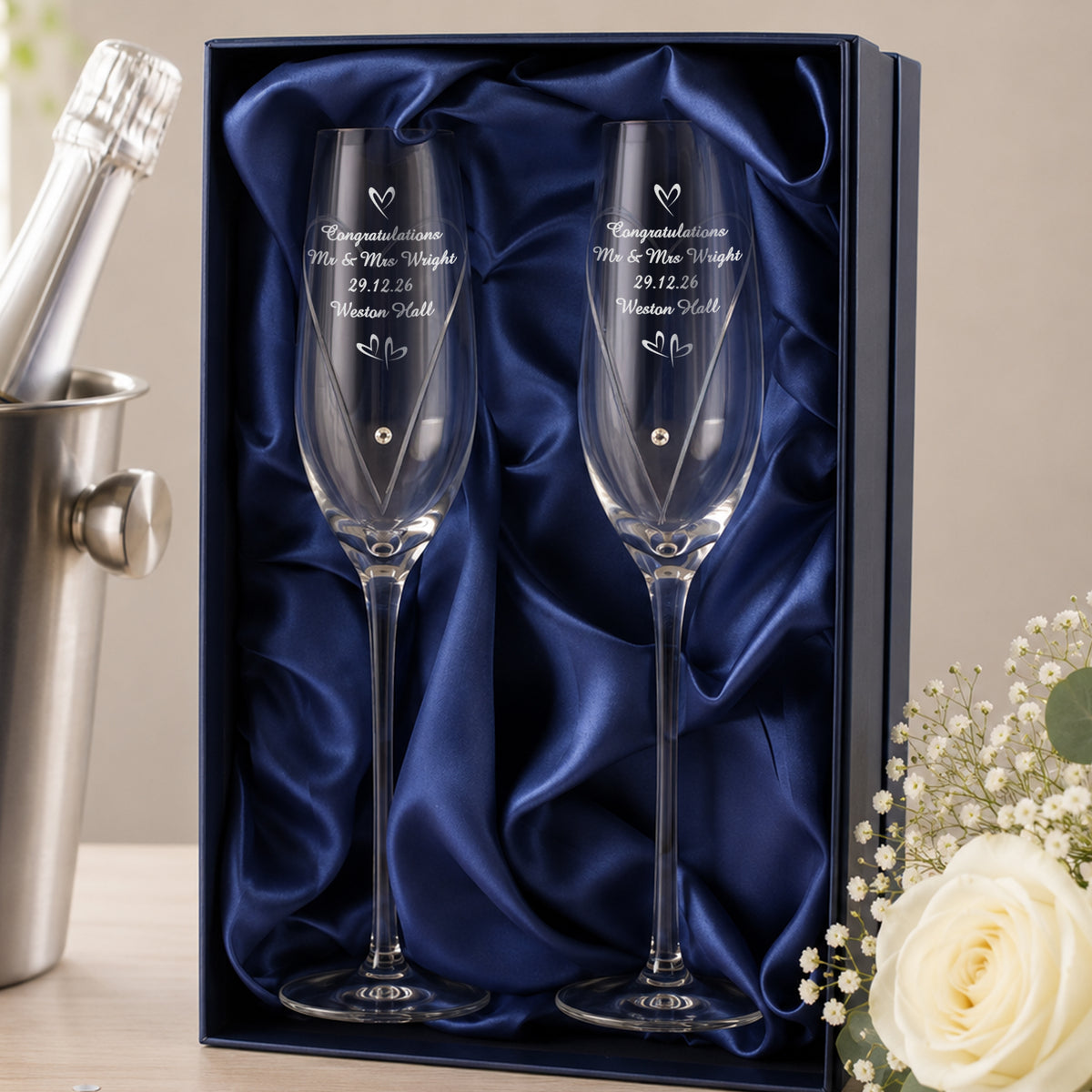 Personalised Hand Cut Little Hearts Pair of Flutes with Gift Box