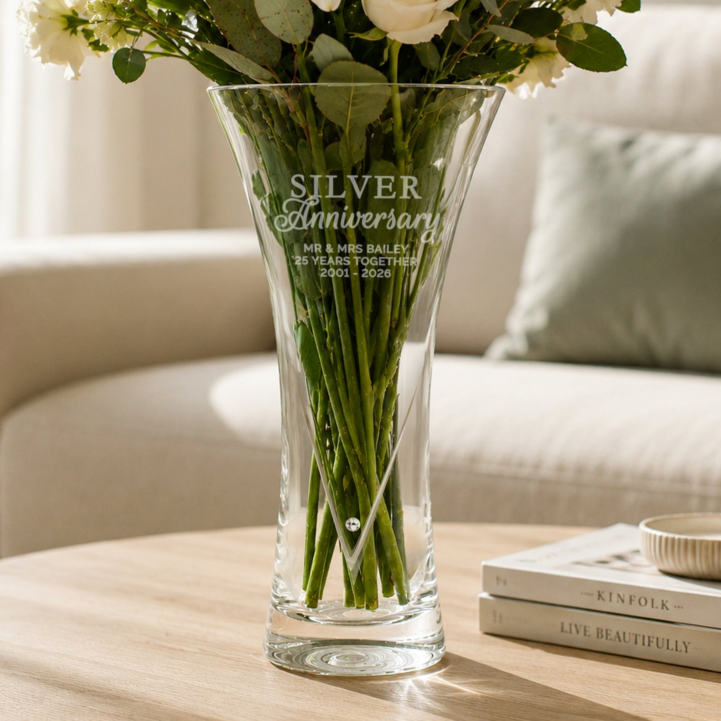 Personalised Silver Anniversary Large Hand Cut Diamond Effect Heart Vase