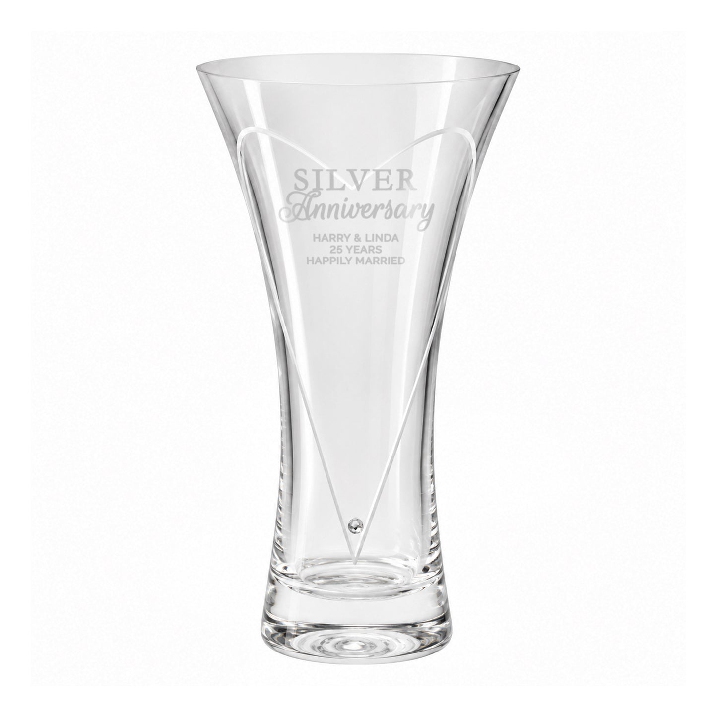 Personalised Silver Anniversary Large Hand Cut Diamond Effect Heart Vase