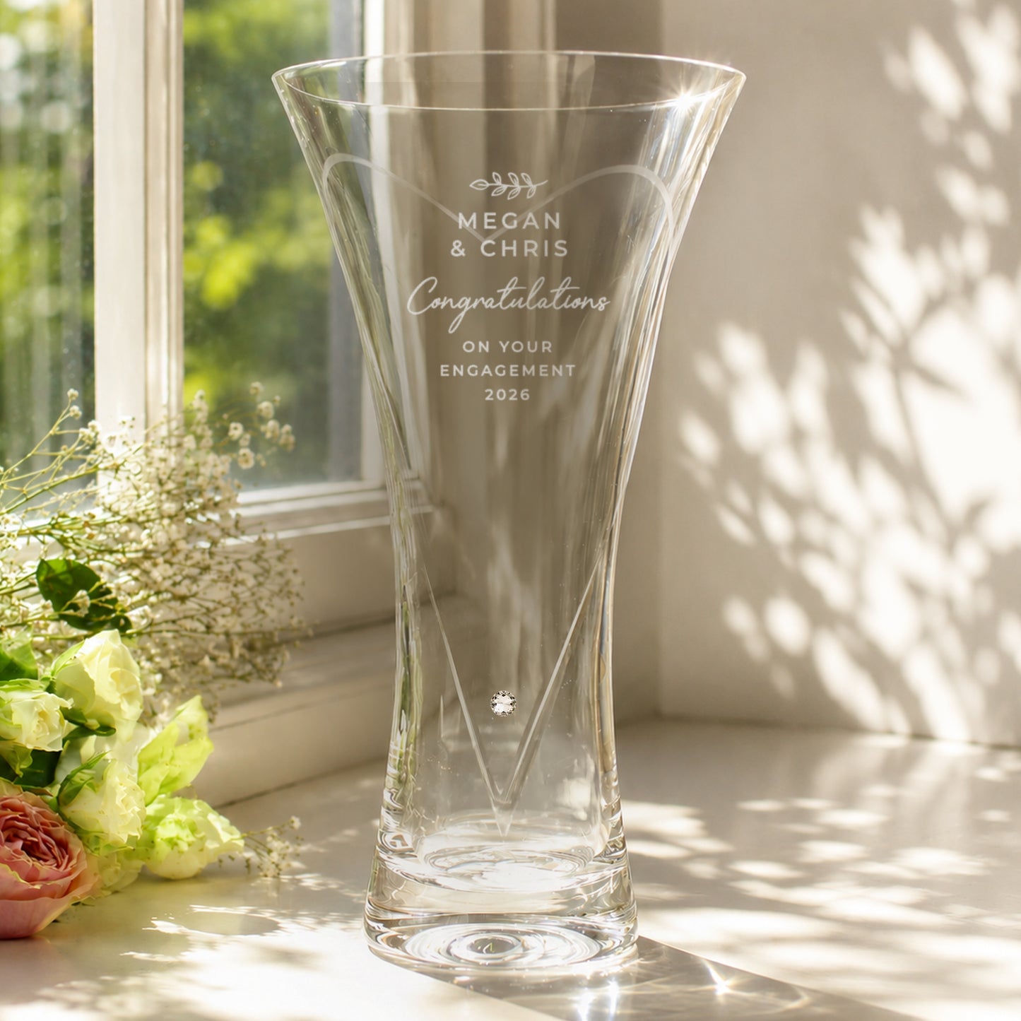 Personalised Leaf Motif Hand Cut Diamond Effect Heart Vase