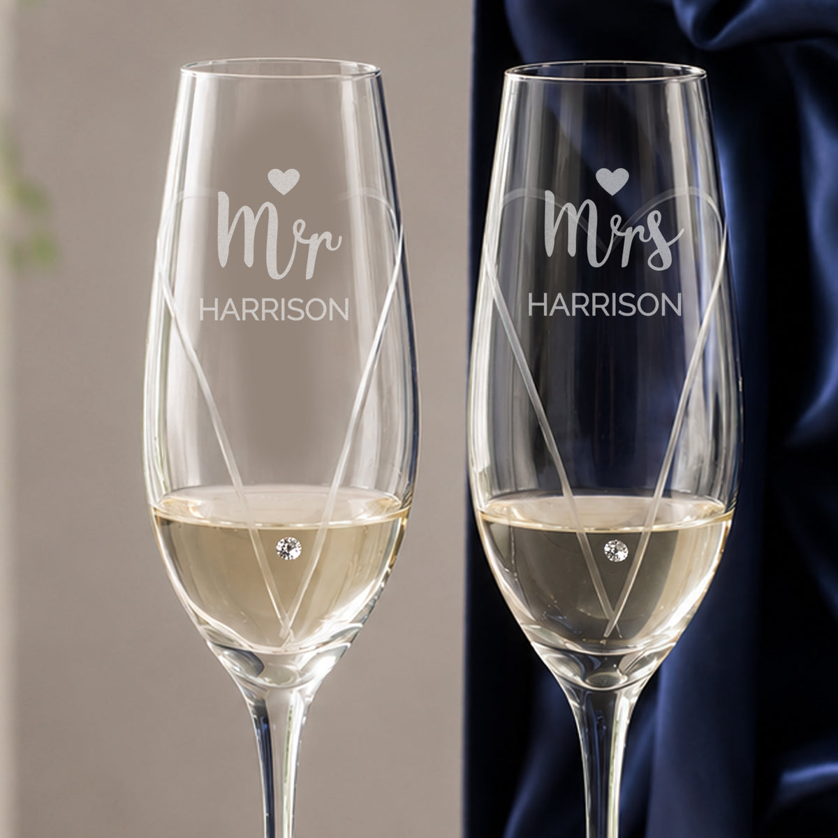 Personalised Hand Cut Mr & Mrs Pair of Flutes in Gift Box