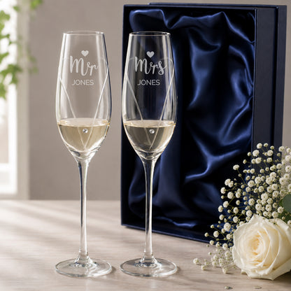 Personalised Hand Cut Mr & Mrs Pair of Flutes in Gift Box