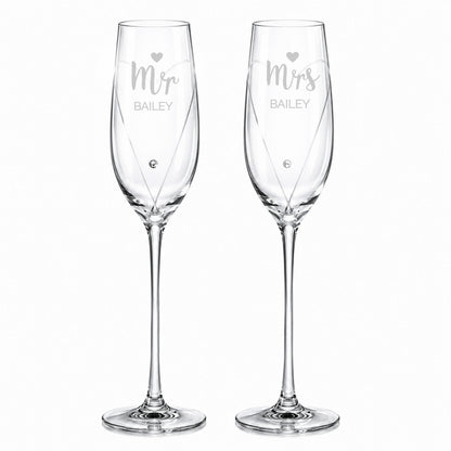 Personalised Hand Cut Mr & Mrs Pair of Flutes in Gift Box